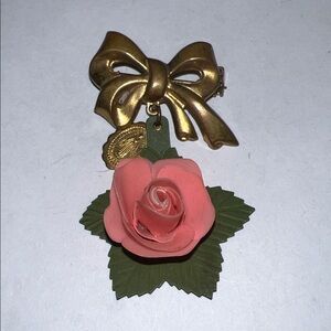 Vintage Gold Bow Brooch with Pink Rose
